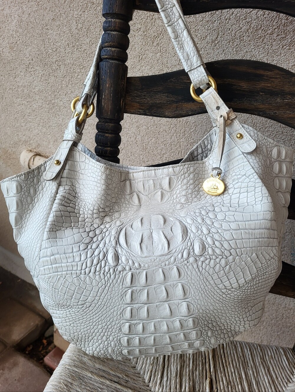 Brahmin Jaqueline Hobo Bag Off White Melbourne Croc Embossed Leather.
